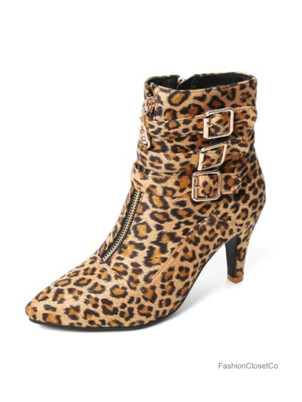 Leopard Print Kitten Heel Ankle Boots for Women Pointed Toe Side Zip